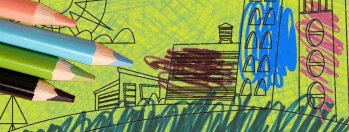 Colored pencils coloring in outlines of cartoon buildings, sky and hills